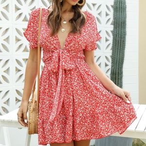 V NECK floral print tie ruffle hem mini dress red